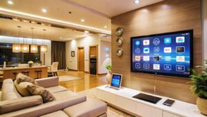 modern living room interior with large tv screen displaying home automation system 9975 33164